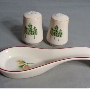 MB Merry Brite Salt and Pepper Shaker and Spoon Rest